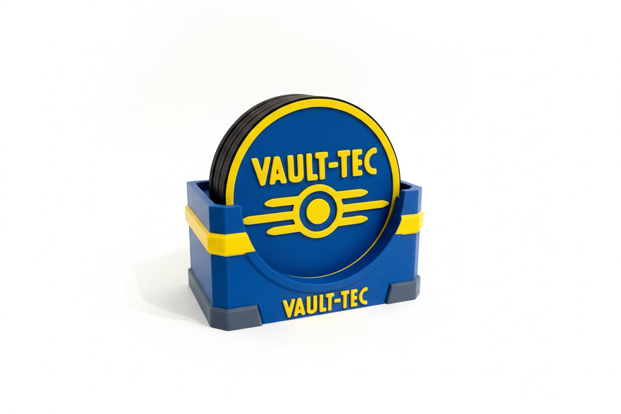Fallout-Inspired Vault Coaster Set with Holder & Bottle Opener | Gaming Coasters | 3D Printed Home Bar Gift