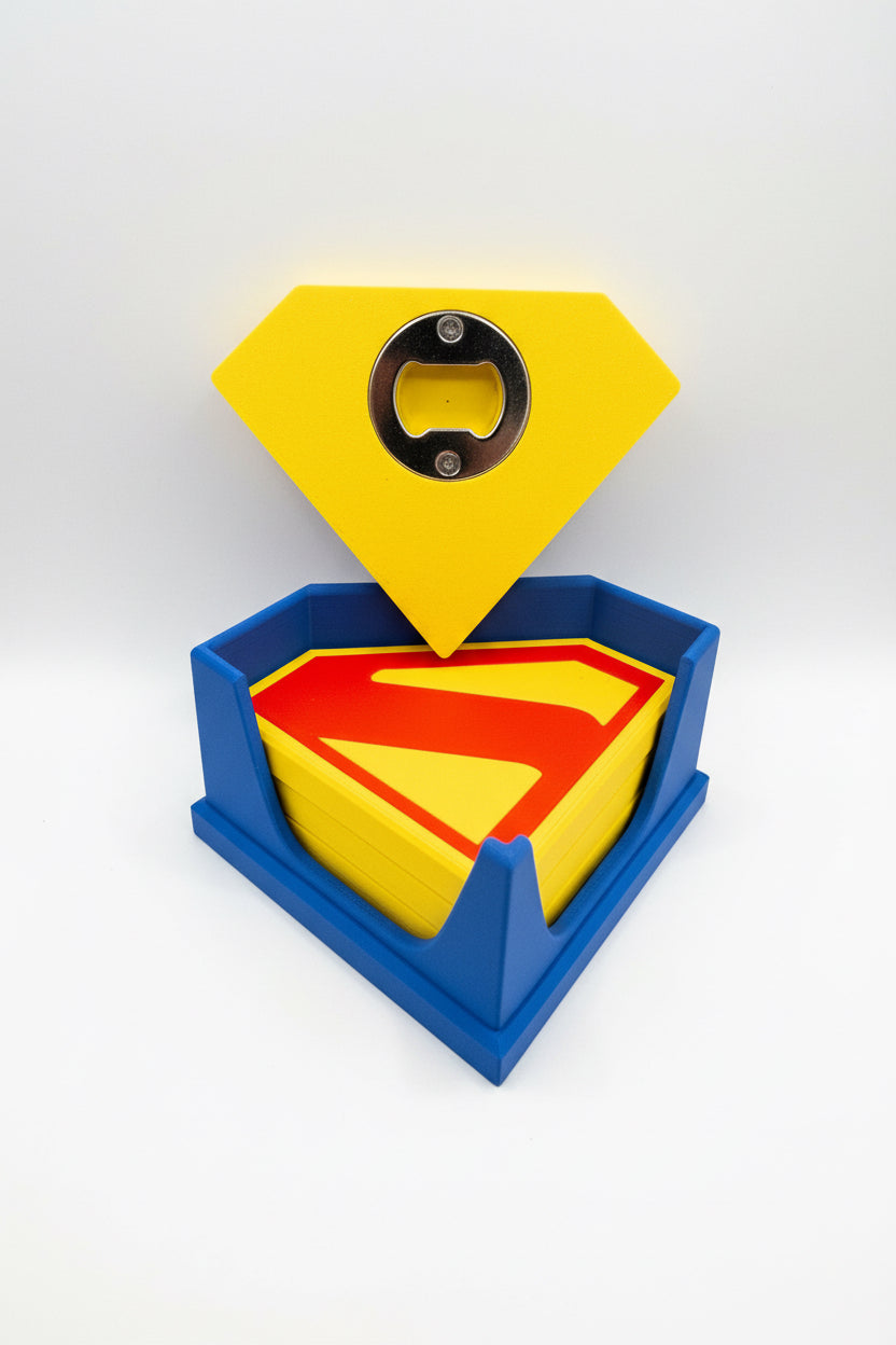 Superman-themed bottle opener with yellow, blue, and red colors on a textured surface.