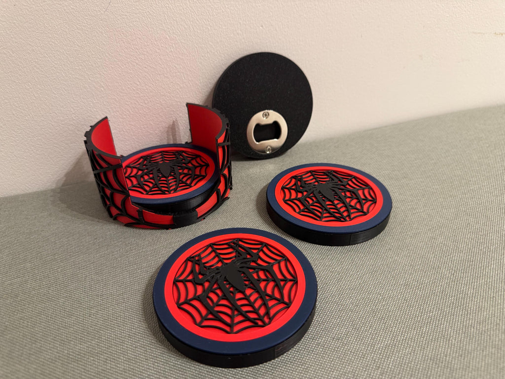 Spider-Man Inspired 3D Printed Coaster Set with Hidden Bottle Opener – Includes Matching Holder
