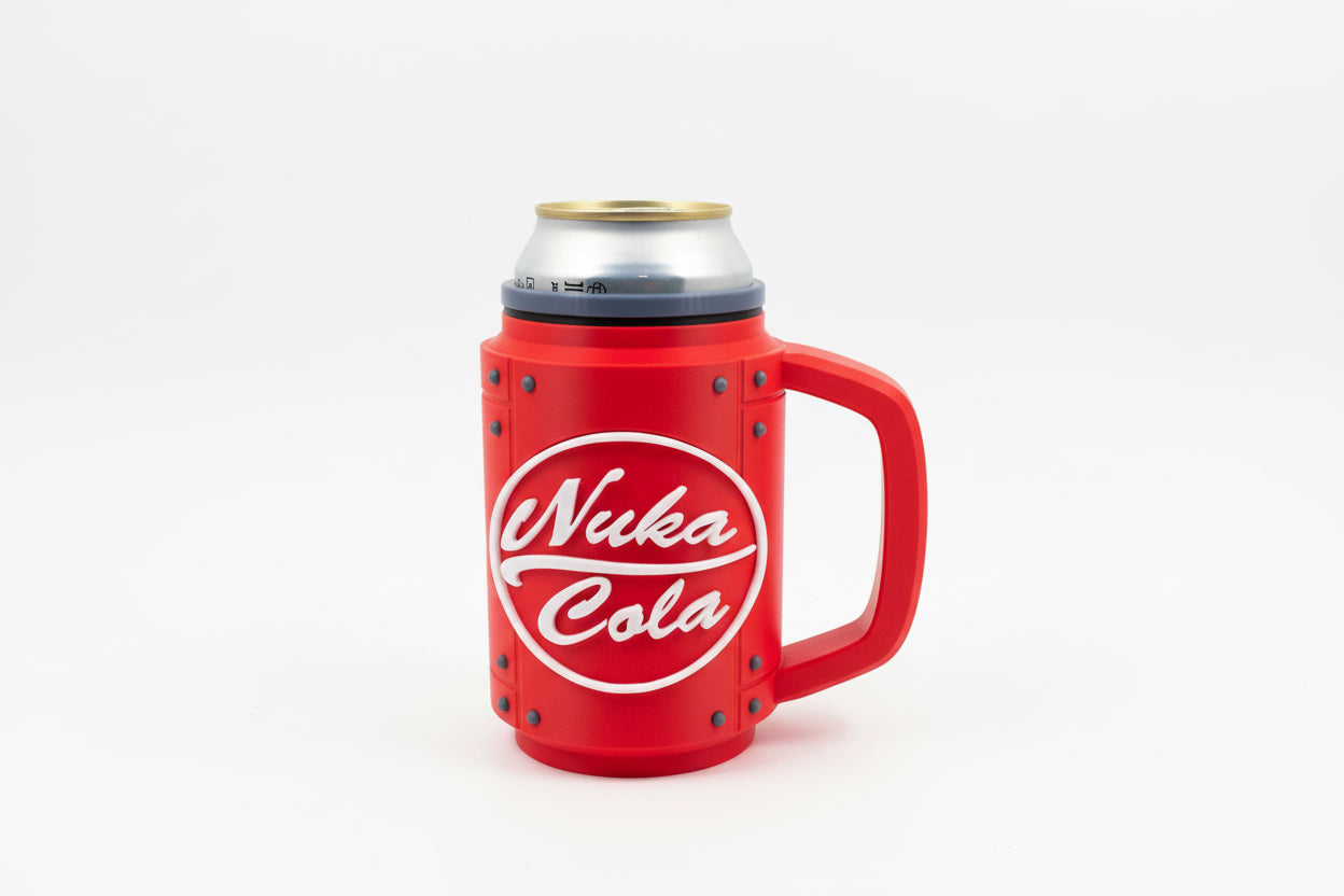 Red 'Nuka Cola' can holder with a can inside on a gray surface.