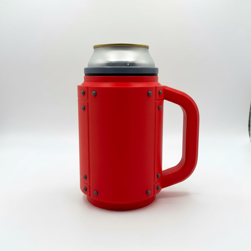 Red can cooler with a silver can inside on a gray surface.