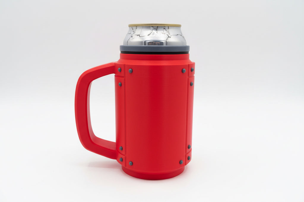 Red insulated mug with a can inside on a gray surface