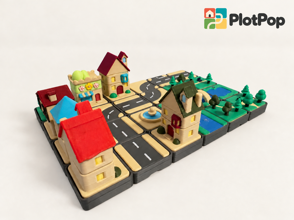 PlotPop starter town with buildings, roads, river and parks